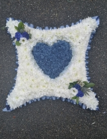 cushion, pillow, blue, pink, white, funeral, tribute, child, baby, wreath, oasis, funeral, bespoke,flowers, florist, delivery, harold wood, romford, havering