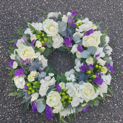 purple, white, green, wreath, funeral, tribute, flowers, oasis, posy, florist, harold wood, romford, havering, brentwood, dagenham, delivery