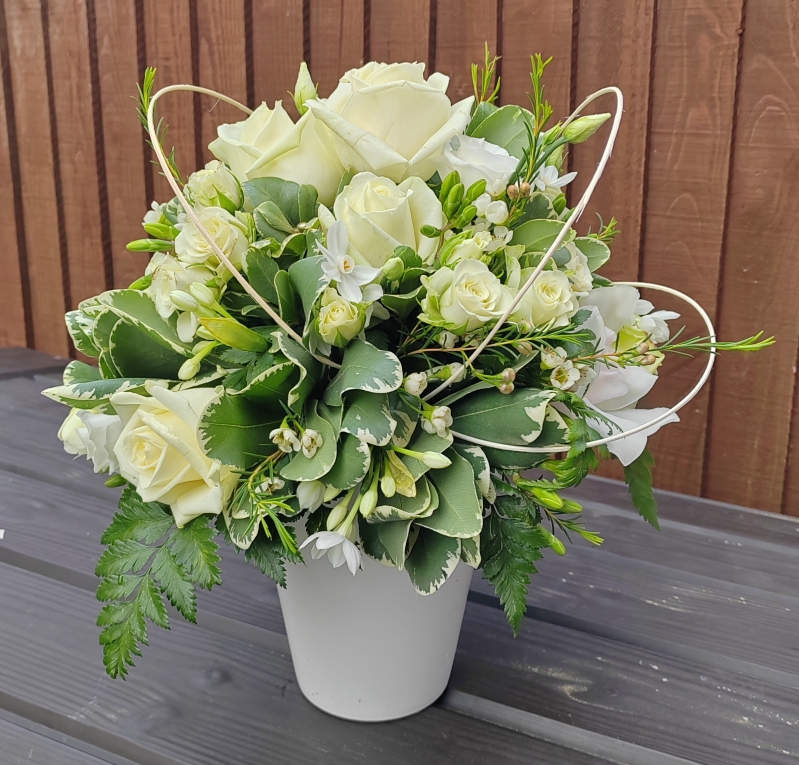 white flowers rose orchid loops mixed stems pot arrangement in oasis florist harold wood romford