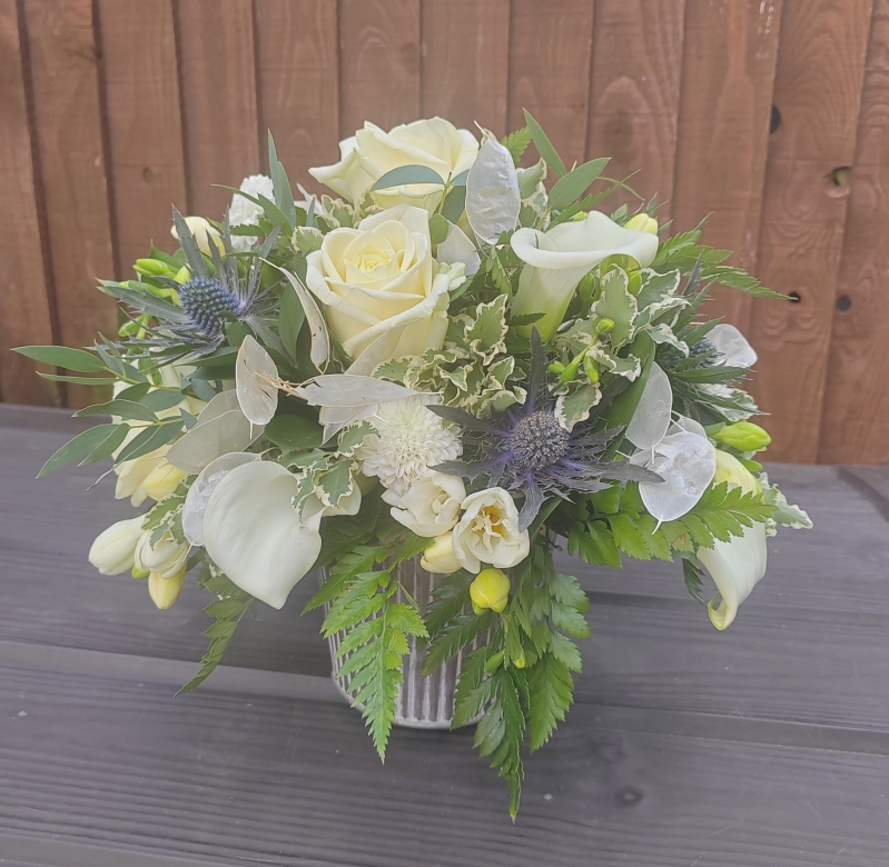 white, flowers, rose, orchid, pot, seasonal, mixed stems, gift, a little something, birthday, sympathy, arrangement in oasis, floris,t harold wood, romford, brentwood, dagenham, delivery,