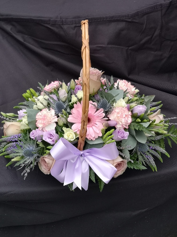 funeral flowers, basket, oasis, lilac, pink, purple, white, sympathy, male, female, harold wood florist, delivery, romford