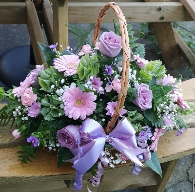 funeral flowers, basket, oasis, lilac, pink, purple, white, sympathy, male, female, harold wood florist, delivery, romford