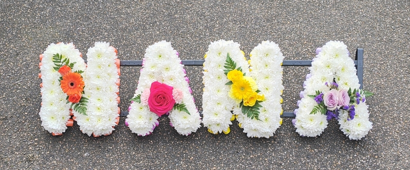 letters, name, nan, nanny, nani, nannie  funeral flowers, oasis, tribute, wreath, harold wood, romford, havering delivery