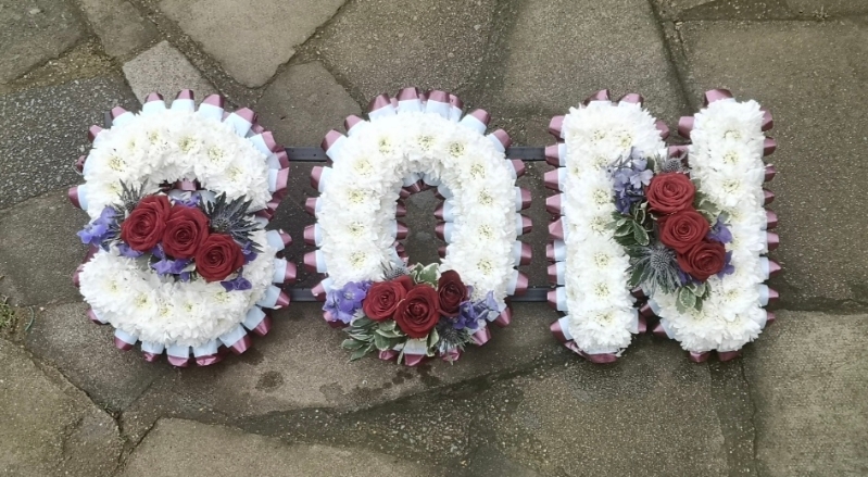 letters, name, son, funeral flowers, oasis, tribute, wreath, harold wood, romford, havering, delivery