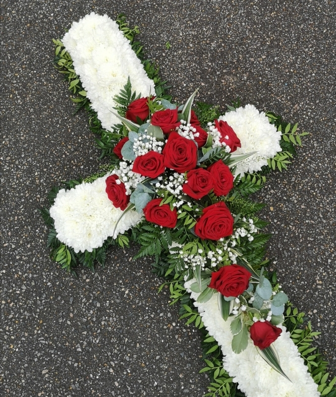 red rose coffin casket cross spray flowers white based luxury florist romford harold wood