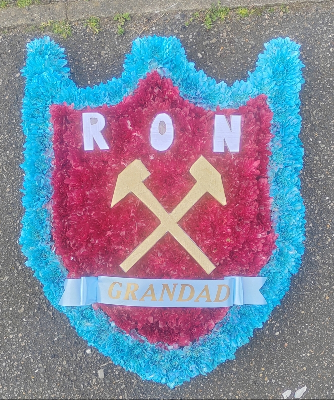 Football, shield, west ham, hammers, irons, whufc, funeral, flowers, tribute, romford, harold wood, havering, delivery