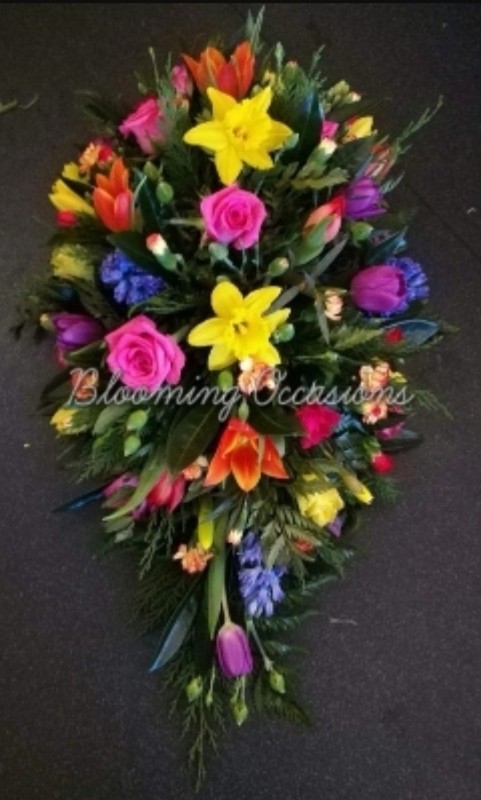 funeral flowers, spray, oasis, spring ,colourful, harold wood florist, delivery, romford