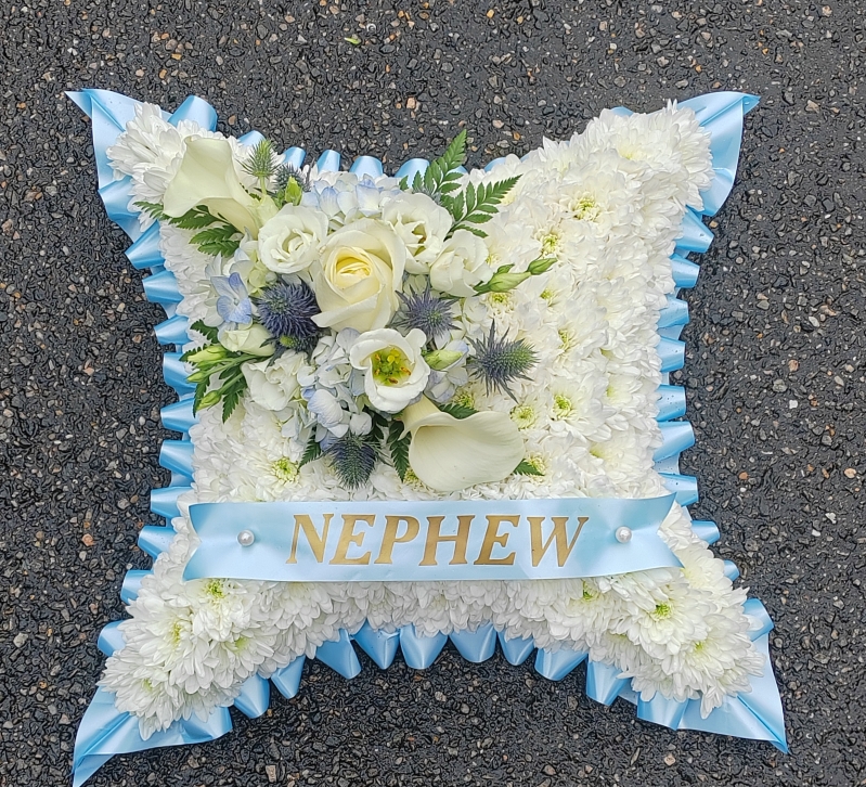 cushion, pillow, posy, posies, blue, yellow, white, man, male, woman, female, funeral, tribute, wreath, flowers, florist, delivery, harold wood, romford, havering