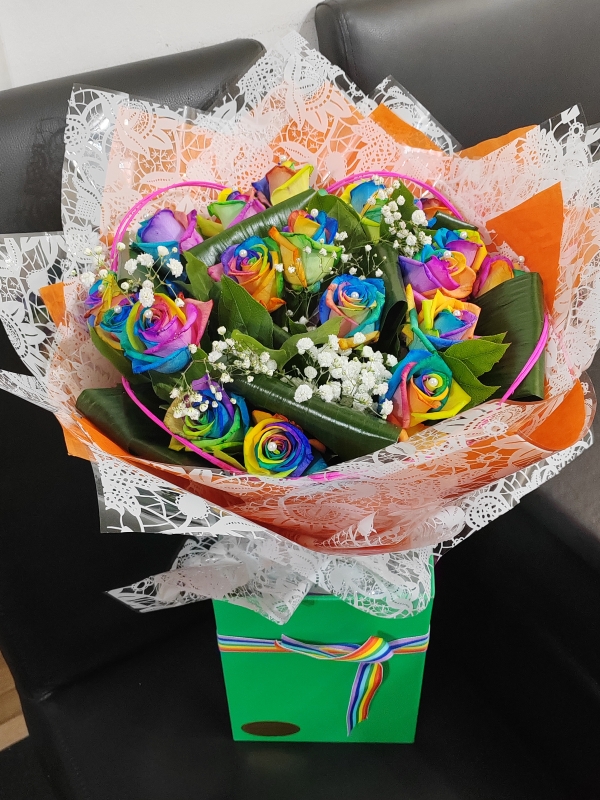 rainbow roses, lgbtq, rainbow bouquet, rose, aqua bouquet, flowers, florist, harold wood, romford, havering, brentwood, dagenham, delivery