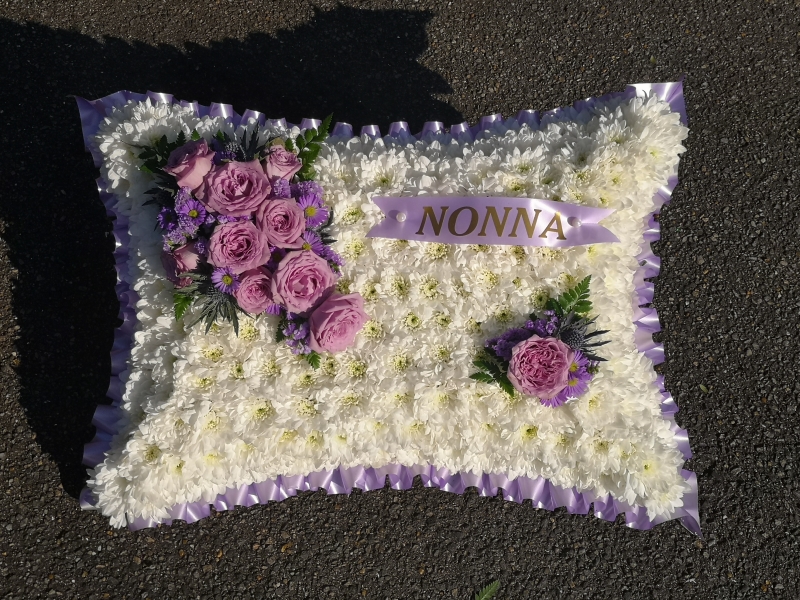 cushion, pillow, posy, posies, lilac, nonna, purple, pastels, white, funeral, tribute, wreath, flowers, florist, delivery, harold wood, romford, havering