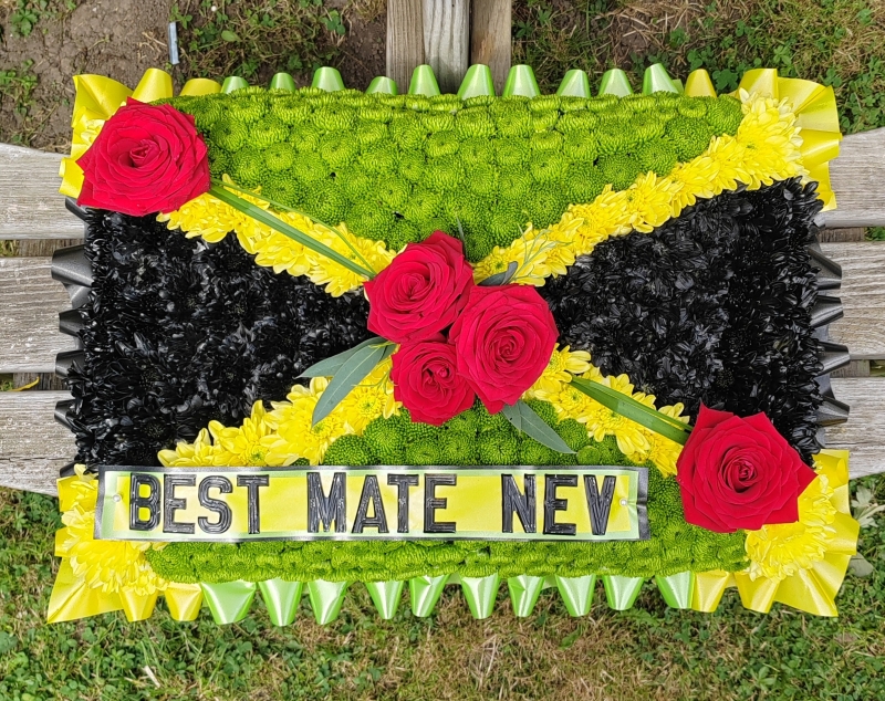 funeral, flowers, pillow, cushion, flag, jamaican, jamaica, wreath, posy, oasis,  tribute, florist, harold wood, romford, havering, brentwood, dagenham, delivery