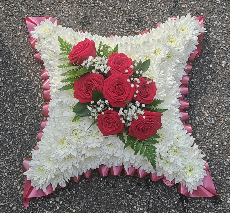 Red, rose, cushion, pillow, wreath, funeral flowers, tribute, florist, Harold wood, Romford, Havering, Delivery, undertakers, funeral directors 