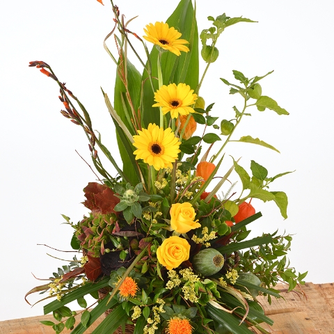 arrangements, florist choice, orange, yellow, autumnal, oasis, pot, flowers, gift, florist, harold wood, romford, havering, delivery