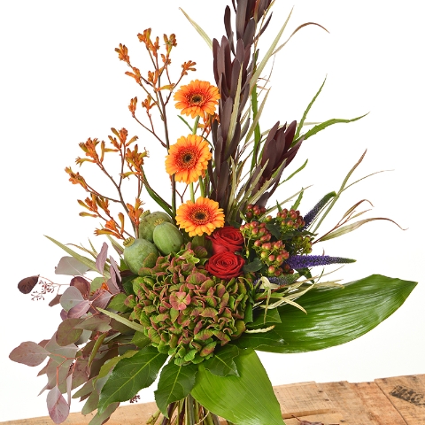 arrangements, florist choice, orange, yellow, autumnal, oasis, pot, flowers, gift, florist, harold wood, romford, havering, delivery