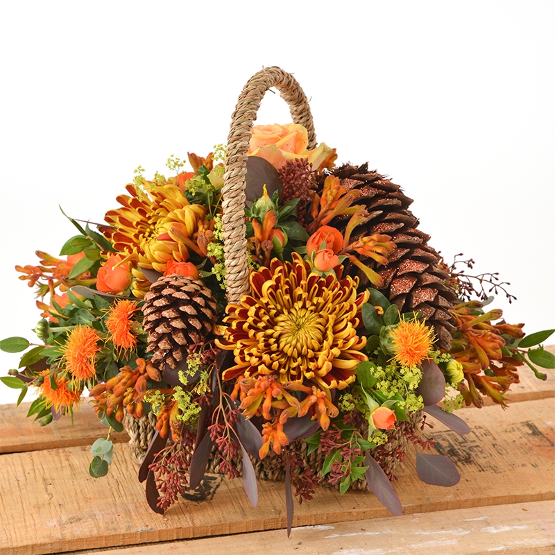 basket, arrangement, autumnal, flowers, oasis, funeral, flowers, tribute, florist, harold wood, romford, havering, delivery