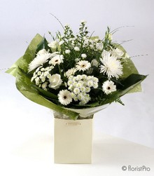 Pure white bouquet in aqua pack gift bag or box