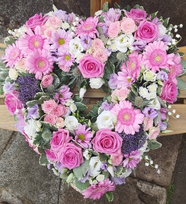 heart, colourful, pink, lilac,, male, female, funeral, tribute, wreath, flowers, florist, delivery, harold wood, romford havering, open heart, loose flower, pastel shades