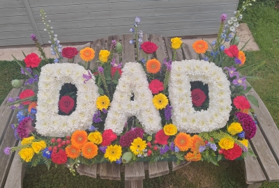 letters, name, meadow, flowers, dad, dadddy, colours, whites, father,  funeral flowers, oasis, tribute, wreath, delivery, harold wood, romford, havering, brentwood, dagenham, delivery