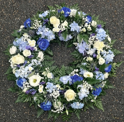 wreath, circle, blue, white, man, male, oasis, funeral, tribute, flowers, harold wood, romford, florist, delivery, havering