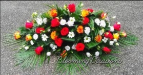 casket, coffin, spray, orange, yellow, sunset, roses, palms, male, female, funeral, tribute, flowers, oasis, harold wood, romford, havering, delivery