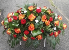 casket, coffin, spray, orange, yellow, sunset, roses, palms, male, female, funeral, tribute, flowers, oasis, harold wood, romford, havering, delivery