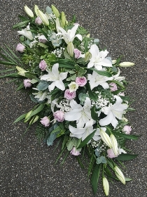 casket, coffin, spray, lily, lilies, white, pink, lilac, roses, male, female, funeral, tribute, flowers, oasis, harold wood, romford, havering, delivery