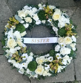 wreath, circle, orchid, white, oasis, funeral, tribute,oasis, man, woman, male, female, flowers, harold wood, romford, havering, florist, delivery