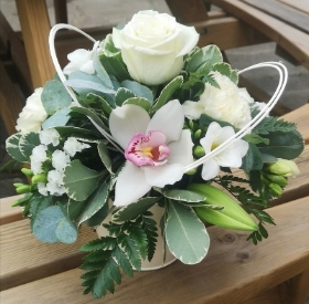 white flowers rose orchid loops mixed stems pot arrangement in oasis florist harold wood romford