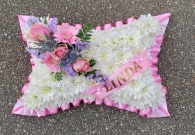 cushion, pillow, posy, posies, pink, pastels, white, funeral, tribute, wreath, oasis, flowers, florist, delivery, harold wood, romford, havering