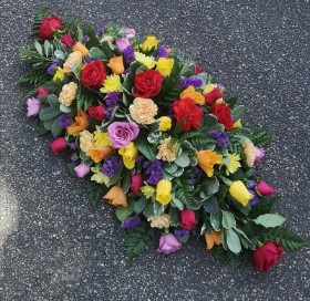 casket, coffin, spray, roses, colourful, summer, bright, male, female, funeral, tribute, flowers, oasis, harold wood, romford, havering, delivery