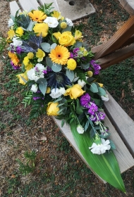 casket, coffin, spray, yellow, purple, male, female, roses, funeral, tribute, flowers, oasis, wreath, harold wood, romford, havering, delivery
