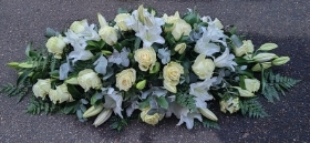 casket, coffin, spray, lily, lilies, white, male, female, roses, funeral, tribute, flowers, oasis, harold wood, romford, havering, delivery