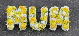letters, name, mum, mummy, pinks, yellows, whites, mother,  funeral flowers, oasis, tribute, wreath,delivery, harold wood, romford, havering