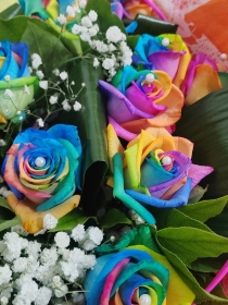 rainbow roses, lgbtq, rainbow bouquet, rose, aqua bouquet, flowers, florist, harold wood, romford, havering, brentwood, dagenham, delivery