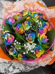 rainbow roses, lgbtq, rainbow bouquet, rose, aqua bouquet, flowers, florist, harold wood, romford, havering, brentwood, dagenham, delivery