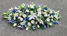 coffin, spray. casket, tribute, flowers, funeral, white, blue, divine, deluxe, florist, harold wood, romford, havering, delivery