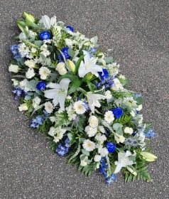 coffin, spray. casket, tribute, flowers, funeral, white, blue, divine, deluxe, florist, harold wood, romford, havering, delivery