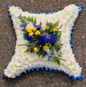 cushion, pillow, posy, posies, blue, yellows, white, funeral, tribute, wreath, flowers, florist, delivery, harold wood, romford, havering