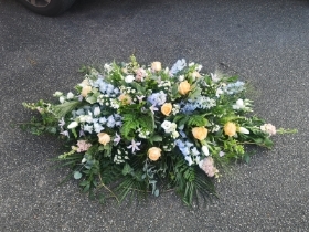 casket, coffin, spray, pastels, blue, white, male, female, funeral, tribute, flowers, oasis, harold wood, romford, havering, delivery