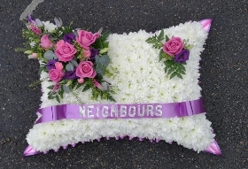 cushion, pillow, posy, posies, blue, pastels, neighbours, white, funeral, tribute, wreath, flowers, florist, delivery, harold wood, romford, havering