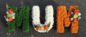 letters, name, mum, irish, ireland, flag, orange green white, funeral flowers, tribute, wreath, harold wood, romford, havering