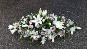 casket, coffin, spray, lily, lilies, white, pink, lilac, roses, male, female, funeral, tribute, flowers, oasis, harold wood, romford, havering, delivery