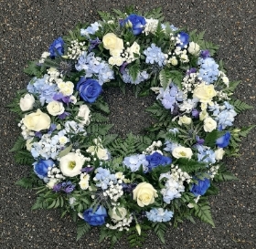 wreath, circle, blue, white, man, male, oasis, funeral, tribute, flowers, harold wood, romford, florist, delivery, havering