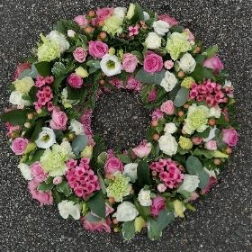 wreath, circle, pink, white, oasis, funeral, tribute, flowers, harold wood, romford, florist, delivery
