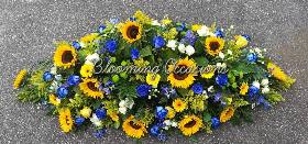 casket, coffin, spray, sunflowers, helianthus, blue, roses, male, female, funeral, tribute, flowers, oasis, harold wood, romford, havering, delivery
